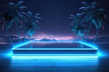 Wall Mural - Blue neon empty podium surrounded by palm trees. Glowing neon background. Jungle summer disco party. Exotic design for advertising product 