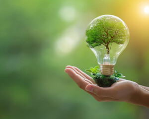 Hand holding a light bulb with a vibrant tree inside, representing the fusion of technology and nature for sustainable living and eco-awareness