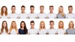 Smiling young men and women headshots on white background looking at camera with diverse expressions