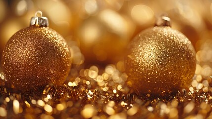 Sticker - Two shiny gold christmas ornaments on a glittery surface, AI