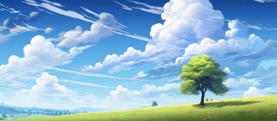 Sticker - A majestic tree stands tall in the center of a lush grassland, under a vast sky with fluffy cumulus clouds, creating a beautiful natural landscape