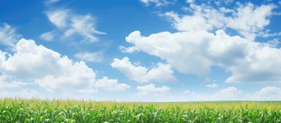 Poster - A vast expanse of grass under a clear blue sky with fluffy white clouds, creating a serene natural landscape for people to enjoy