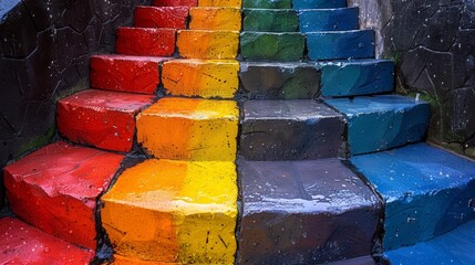 Canvas Print - A set of stairs painted in rainbow colors with a stone wall behind, AI