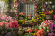 a garden filled with blooming flowers and Easter decorations, creating a festive and welcoming atmosphere for visitors