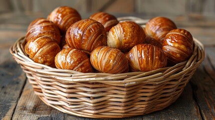 Sticker - A basket of pastries in a wooden wicker bowl on top of the table, AI