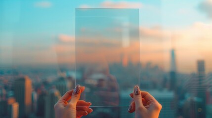 Sticker - A person holding a clear glass with city in the background, AI