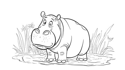 Wall Mural - Hippopotamus illustration coloring page for kids. cute hippo animal cartoon vector illustration graphic design in black and white.