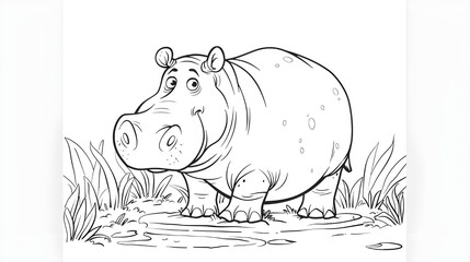 Wall Mural - Hippopotamus line art for coloring book page. Hippopotamus illustration coloring page for kids.