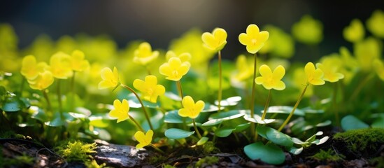 Sticker - A patch of small yellow flowers, herbaceous plants blooming in the grass, adding a splash of color to the natural landscape