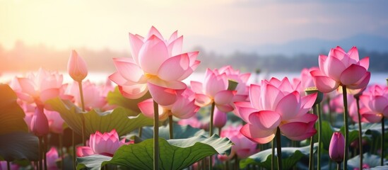 Poster - A field of pink lotus flowers under the sun, with petals glowing in shades of magenta. The natural landscape is complemented by a clear blue sky and fluffy clouds