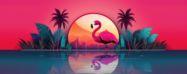 Wall Mural - Beautiful pink flamingos standing in blue sea at summer sunset. Travel and vacation concept. Vintage retro design for banner, poster, or card