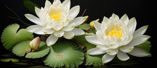 Poster - A pair of white lotus flowers with green leaves contrast beautifully against a black background, showcasing the elegance of this aquatic plant