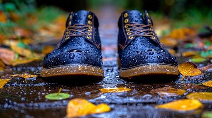 Canvas Print - A pair of a boot is sitting in the rain on leaves, AI