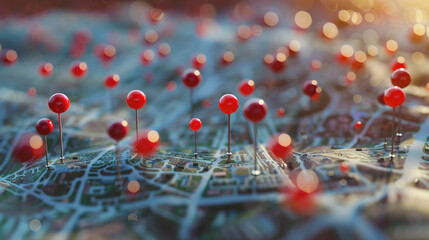 cityscape adorned with multiple red map pins, each representing a venue for art and culture festival