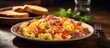 A dish of scrambled eggs with ham and tomatoes, served on a wooden table. This delicious meal combines ingredients like eggs, ham, and tomatoes to create a savory cuisine dish