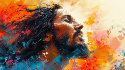 Wall Mural - Serene portrait of Jesus Christ. Oil painting style. Vibrant colors. The Savior Jesus Christ. Concept of faith, spirituality, Easter, divinity, Christian beliefs, resurrection. Art.