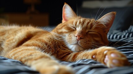 Canvas Print - A cat sleeping on a bed with its eyes closed, AI