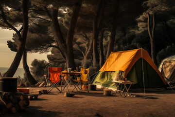 Camp by the sea and in the mountains. Cozy tent in nature. Hippie lifestyle. Generative AI tools