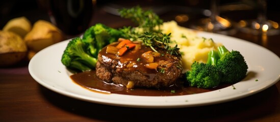 Wall Mural - A delicious dish featuring a plate of food with broccoli and mashed potatoes on a table, showcasing a blend of ingredients and flavors