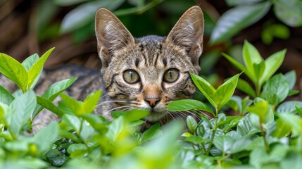 Canvas Print - A cat peeking out from behind a bush in the woods, AI