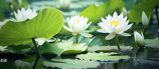 Canvas Print - A cluster of white lotus flowers, a terrestrial plant with delicate petals, floating among green leaves in a serene pond, creating a beautiful natural landscape