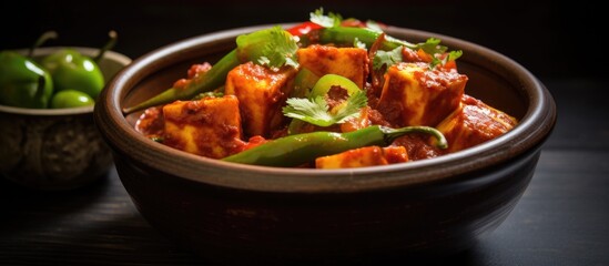 Poster - A dish made with tomatoes, green peppers, and other ingredients placed in a bowl on the table. This recipe combines fresh produce to create a delicious and colorful meal