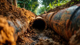 Fototapeta Do pokoju - Metal pipe in trench, pipeline construction in ground, old underground water line and dirt. Concept of technology, oil, gas, work, dig