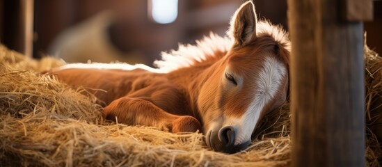 Sticker - A sorrel fawn horse, a terrestrial animal, is resting in a barn on a pile of hay. Horses are pack animals and working animals commonly used in agriculture