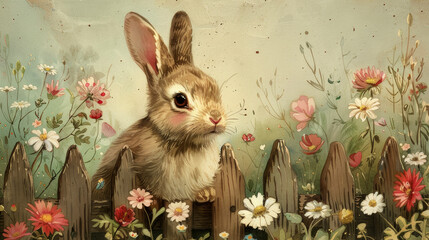 Wall Mural - Happy Easter, vintage painting of a cute bunny rabbit standing next to a wooden fence with lots of flowers in the garden. Watercolor illustration.