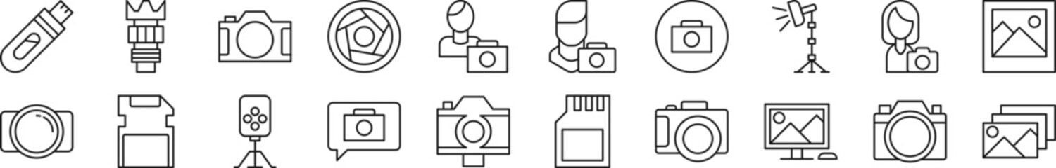 Wall Mural - pack of linear symbols of photographer. editable stroke. linear symbol for web sites, newspapers, ar