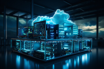 Wall Mural - online, cloud storage, contact, computing, tablet, phone home devices with online. linking computer 