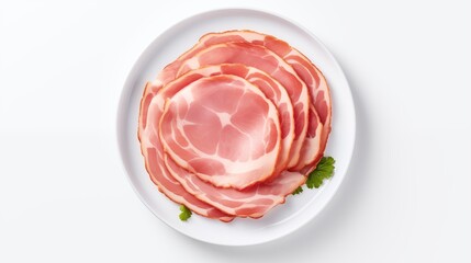 Wall Mural - Picture featuring CANADIAN BACON with ESPELETTE seasoning, served on a white round plate against a white background, photographed from above