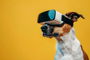 Wall Mural - Jack Russell Terrier in virtual reality headset. Pet in VR glasses on yellow background. VR, AR, metaverse, future, gadgets, technology, education online, video game concept. Creative and humor banner