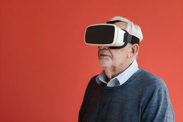 Wall Mural - Senior man with virtual reality headset. Male in VR glasses on red background. VR, AR, metaverse, future, gadgets, technology, education online, study, video game concept. Futuristic technology
