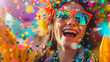 Candid smiling woman celebrating winning and achievement with colourful confetti shower. Happy lesbian laughing at pride parade. Copy space and AI generated