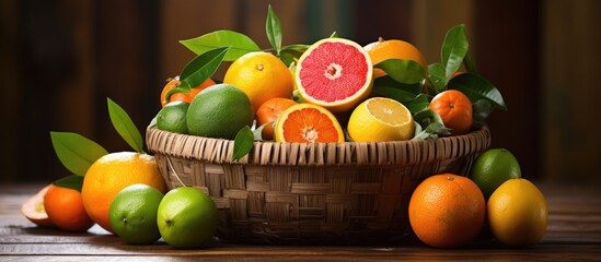 Sticker - A basket filled with a variety of citrus fruits such as Clementine, Tangerine, Valencia orange, and Rangpur, displayed on a wooden table a natural foods ingredient