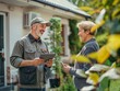 © Mattie - Lawn arborist technician installer worker talking to customer making a sale in the front yard of a home, happy conversation about work well done, working class, casual, outdoors