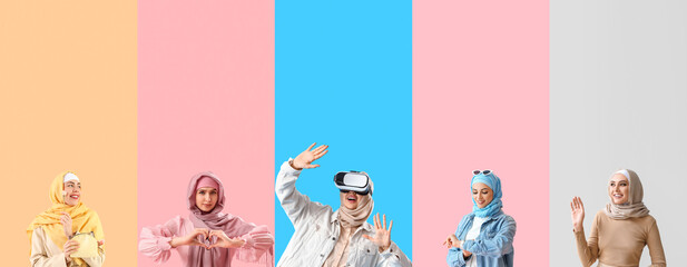 Poster - Collage of young Muslim women on color background