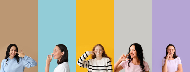 Wall Mural - Collage of young women pointing at their noses on white background