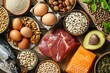 High protein food for body builders as meat, fish, dairy, eggs, buckwheat, oatmeal, nuts, bean, pumpkin seed and sunflower seed. Top view