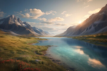 A tranquil scenic view featuring sharp mountains, lush grass, a peaceful lake, and a clear sky