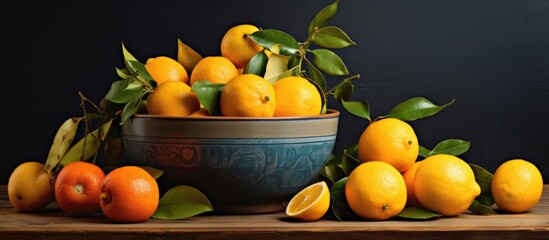 Sticker - A display of citrus fruits, including oranges and lemons, arranged in a bowl on a rustic wooden table. The vibrant colors and natural foods add a pop of freshness to the setting