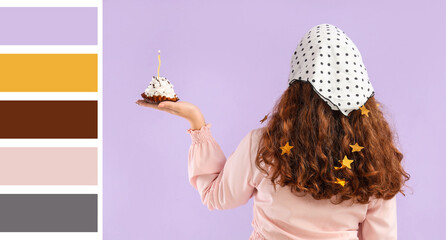 Sticker - Beautiful young happy woman with confetti and birthday cupcake on purple background, back view