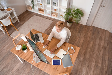 Mature female programmer working with computer at table in office