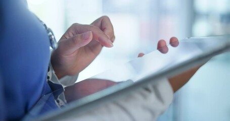 Poster - Hospital, screen and hands of doctor on tablet for online research, medical service and consulting. Healthcare, clinic and health worker on digital tech for insurance, communication and telehealth