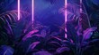 Neon light lines in the dark jungle with banana leaves and grasses Generative Ai