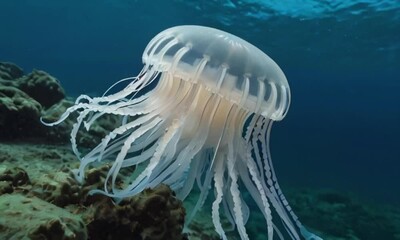 Wall Mural - a natural white comb jellyfish is swimming in the blue sea, it has very long tentacles seaweed around created with generative ai