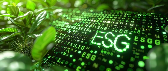digital forest with  green matrix binary code forms the letters ESG , symbolizing the concept of Environmental, Social, and Governance.

