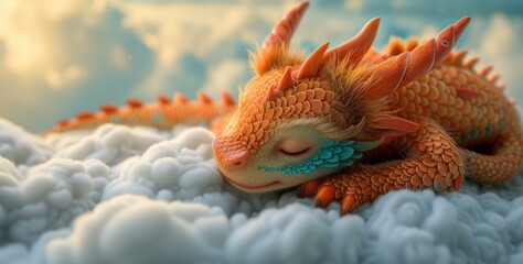 Poster - An orange baby dragon is sleeping on top of clouds. Generative AI.