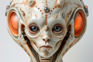 Canvas Print - A close up of a robot head with orange eyes. Generative AI.